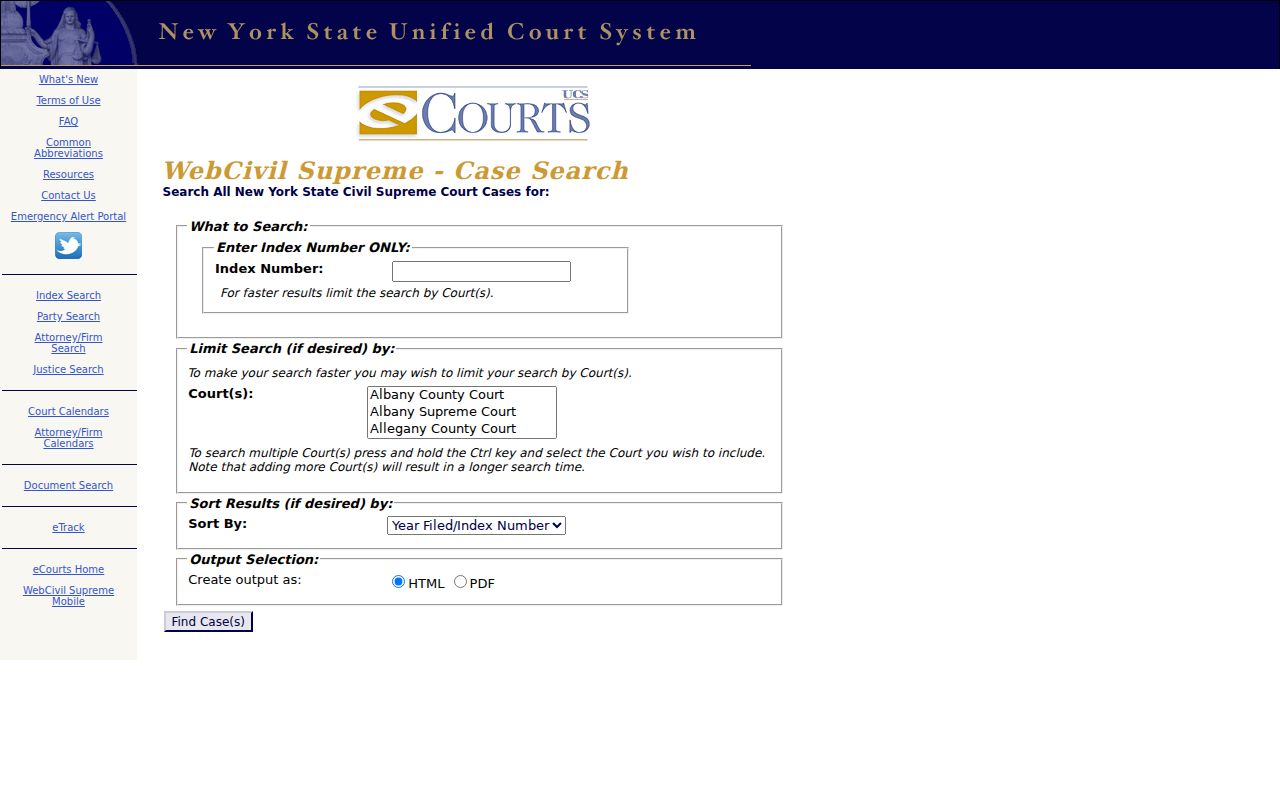 New York WebCivil court case search page