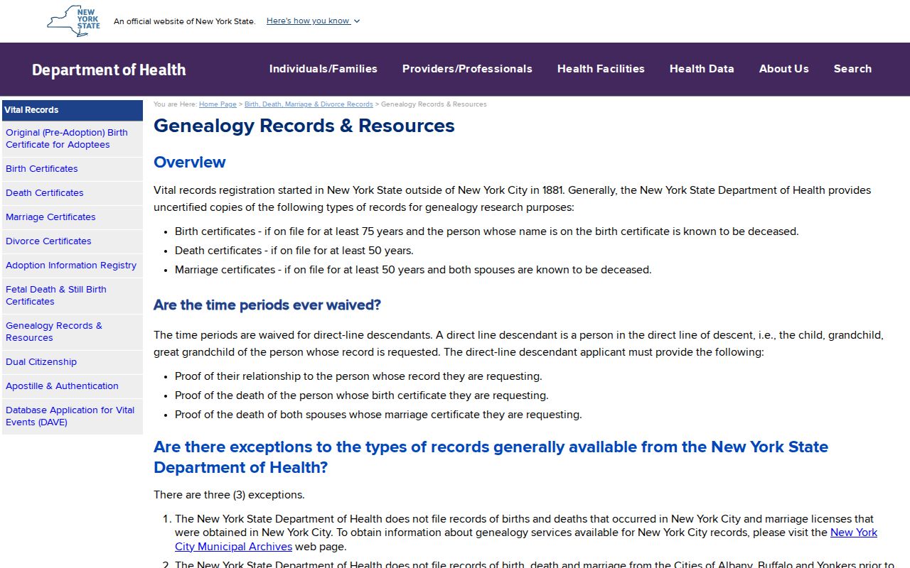 New York vital records genealogy access page