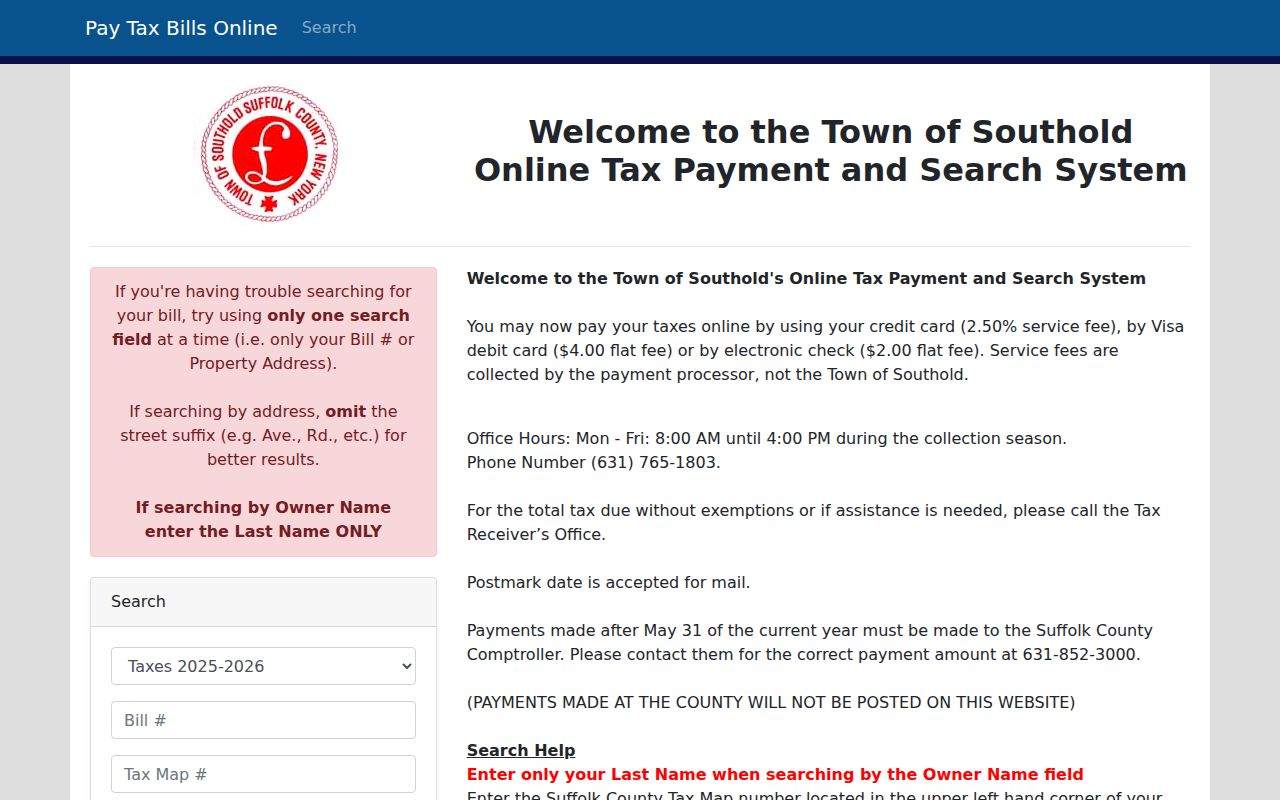 Southold BAS property and tax search screen
