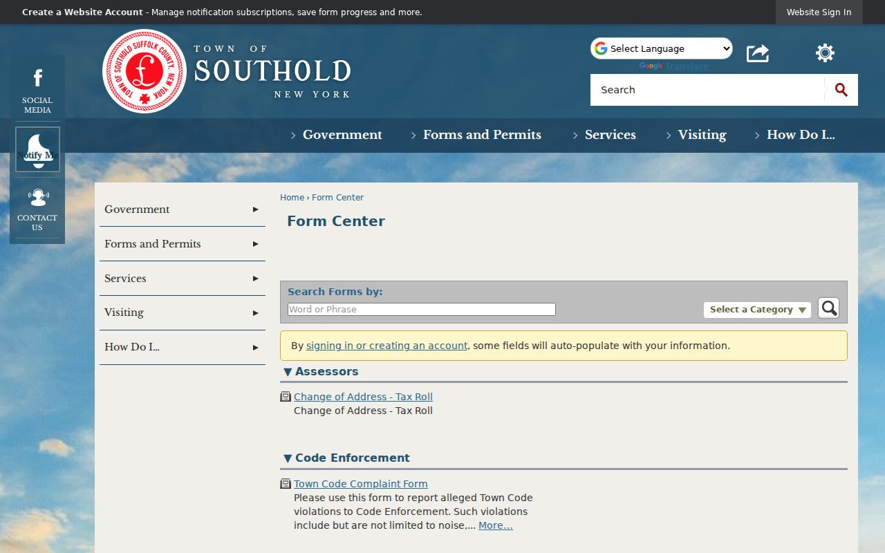 Southold Town Form Center public records request page
