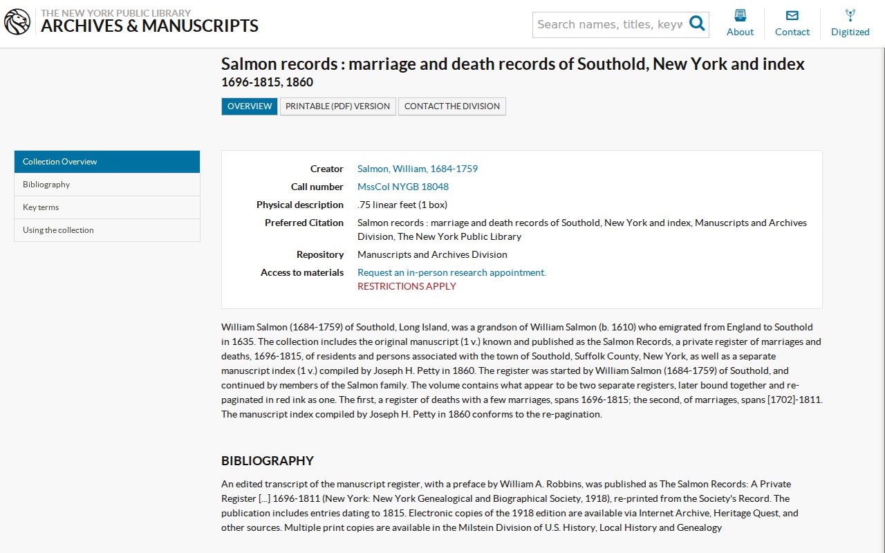 Southold previous residents research in the NYPL Salmon Records collection