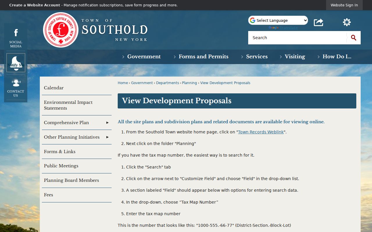 Southold street directory instructions for searching development proposals by tax-map number